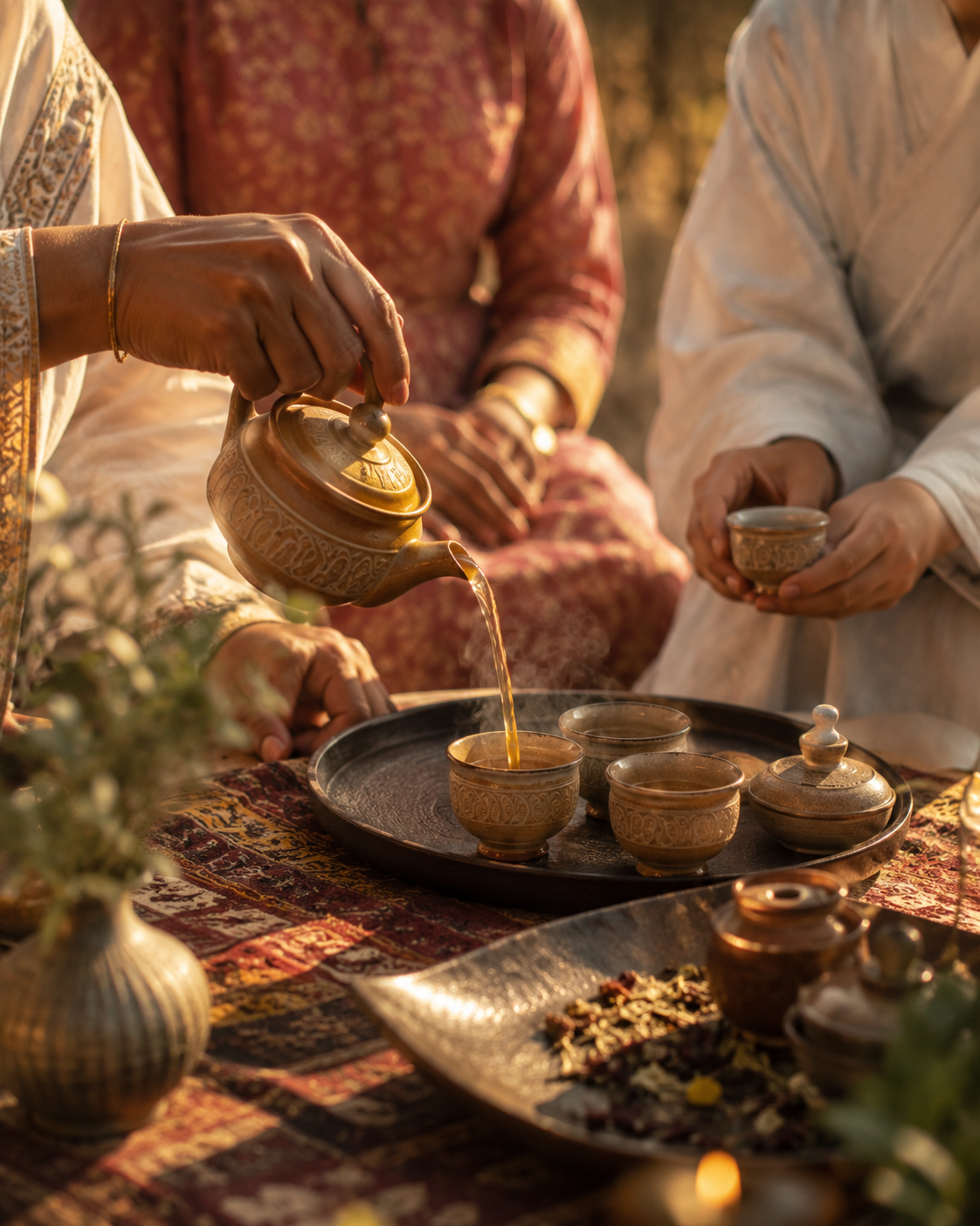Hands pouring tea in a traditional ceremony