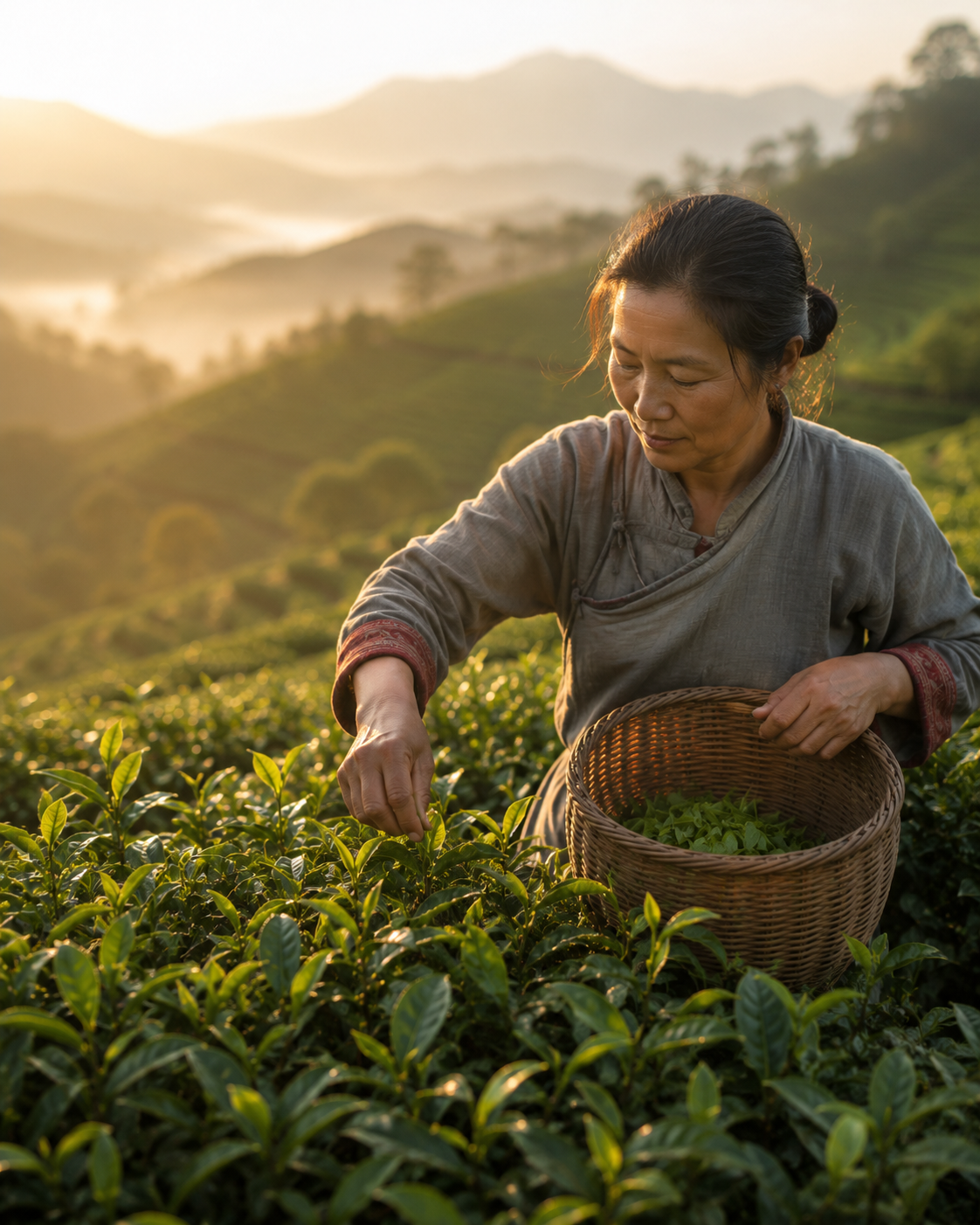 Woman harvesting tea leaves at sunrise in the mountains