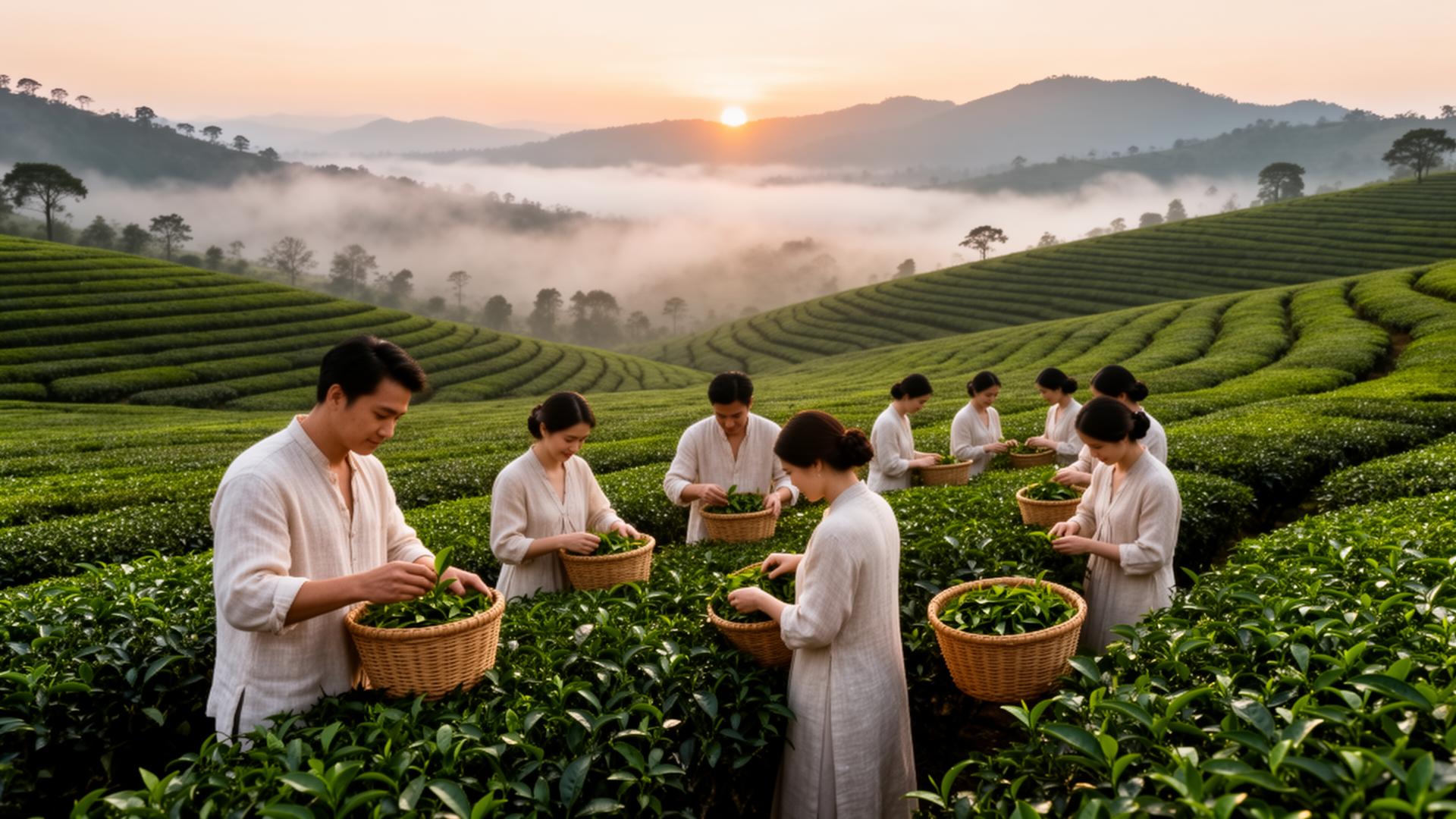 Guests harvesting fresh tea leaves at sunrise