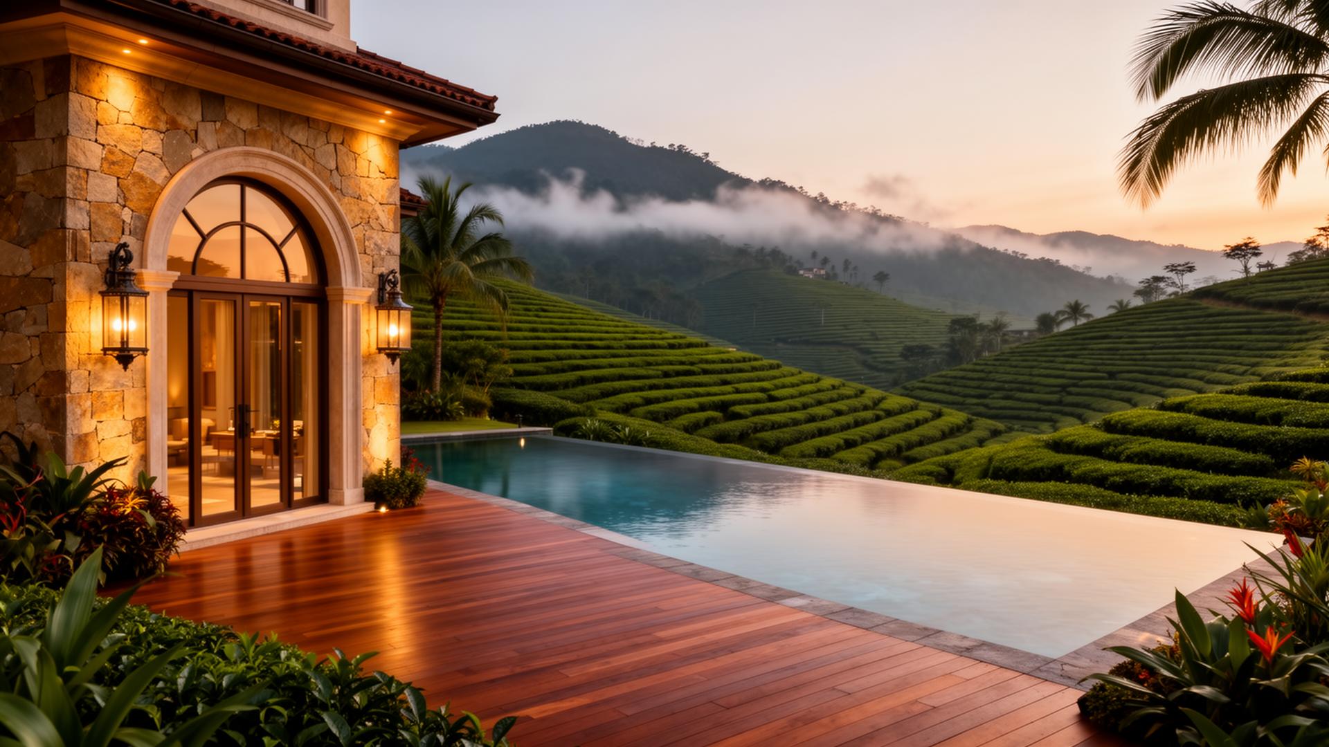 Private villa with infinity pool overlooking terraced tea fields